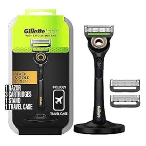 Gillette Labs Razor for Men with Exfoliating Bar Gold Edition, Includes 1 Handle, 3 Razor Blade Refills, 1 Travel Case, 1 Premium Magnetic Stand